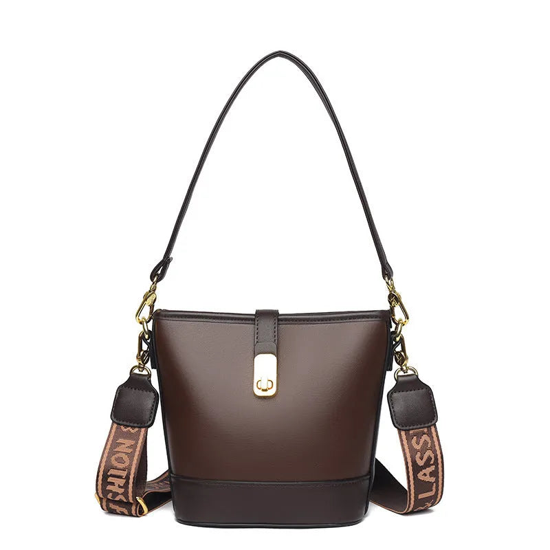 Korean style black bucket messenger bag with double shoulder straps and internal compartments
