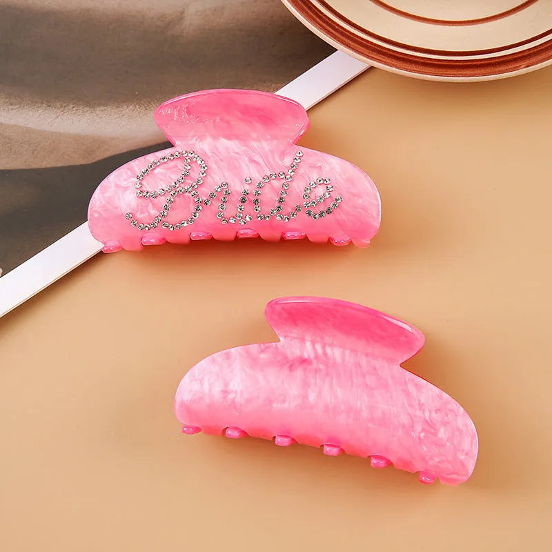 Acrylic hair barrette with multi-diamond spot drilling and English letters on shark clip back