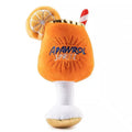 Yellow plush squeaky dog toy shaped like a beer bottle cup with textured surface