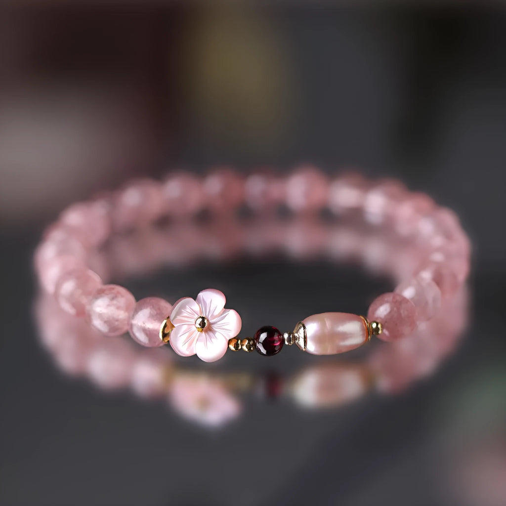 Strawberry quartz crystal flower bracelet with stretch band in peach blossom style for women
