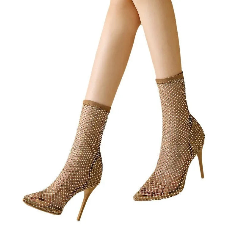 Gold mesh women's high heel sandals with pointed toe and stiletto heel, slip-on shoe covers design