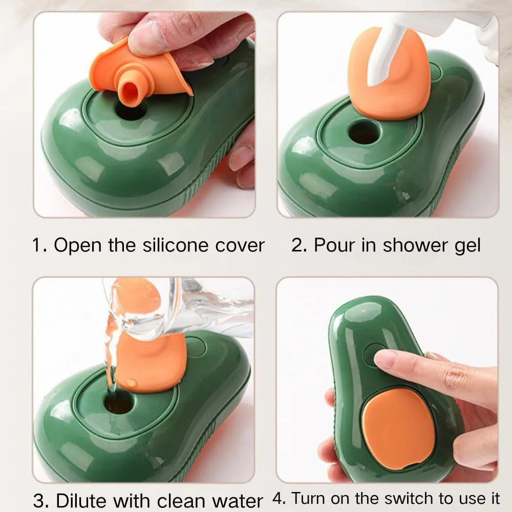 Green and white rechargeable cat steam brush with water spray tank and soft silicone bristles for pet grooming.