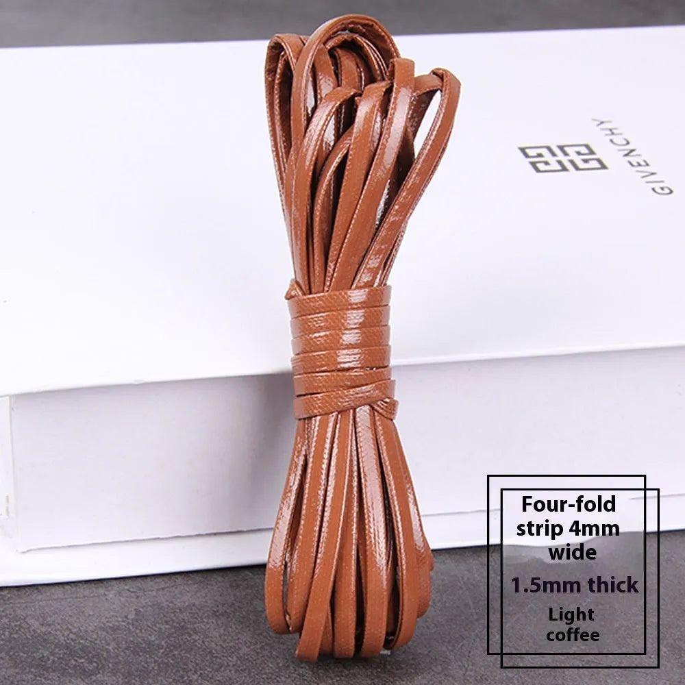 Rolls of soft PU leather weaving cord in various colours and widths for craft projects.