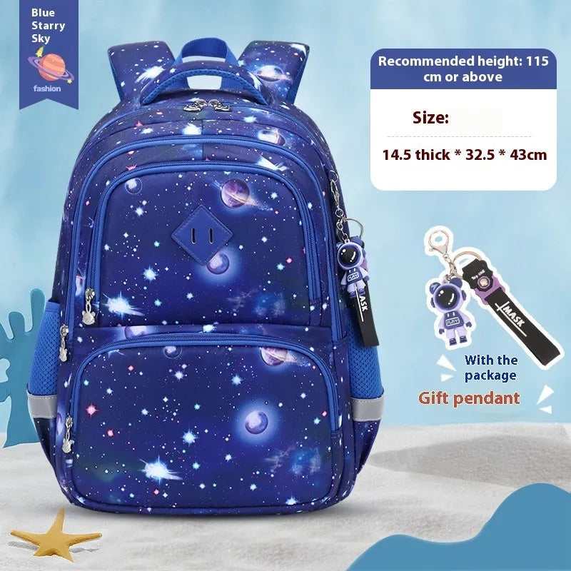 Blue dinosaur pattern children's waterproof school backpack with curved straps on a white background.