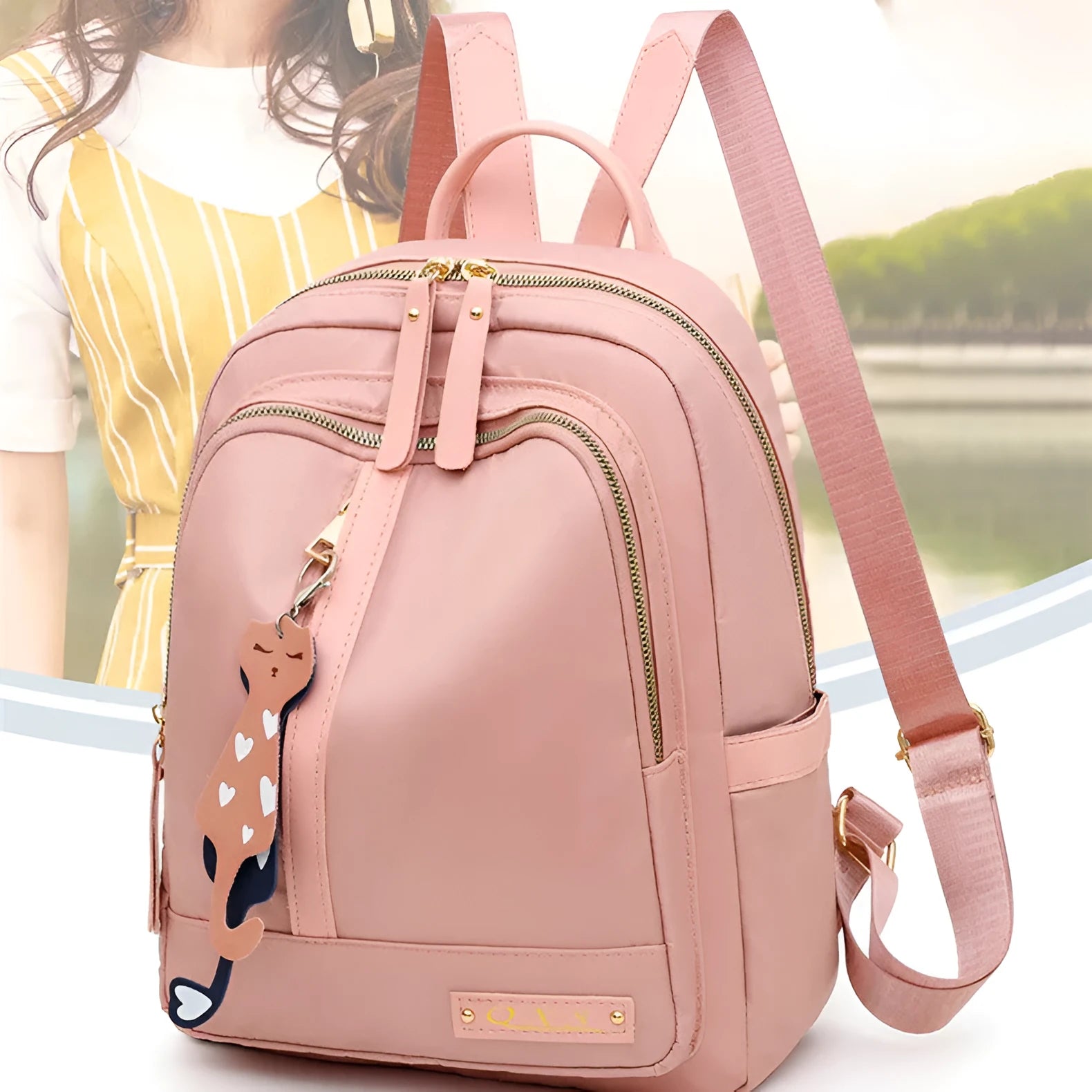Women's black nylon casual backpack with waterproof construction and anti-theft compartments