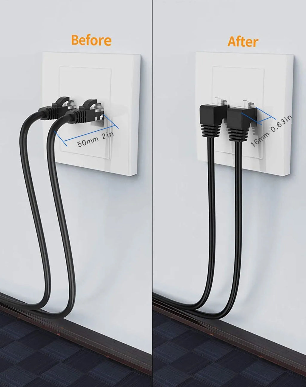 Right-angle Cat6 Ethernet cable with RJ45 connector in various colour options