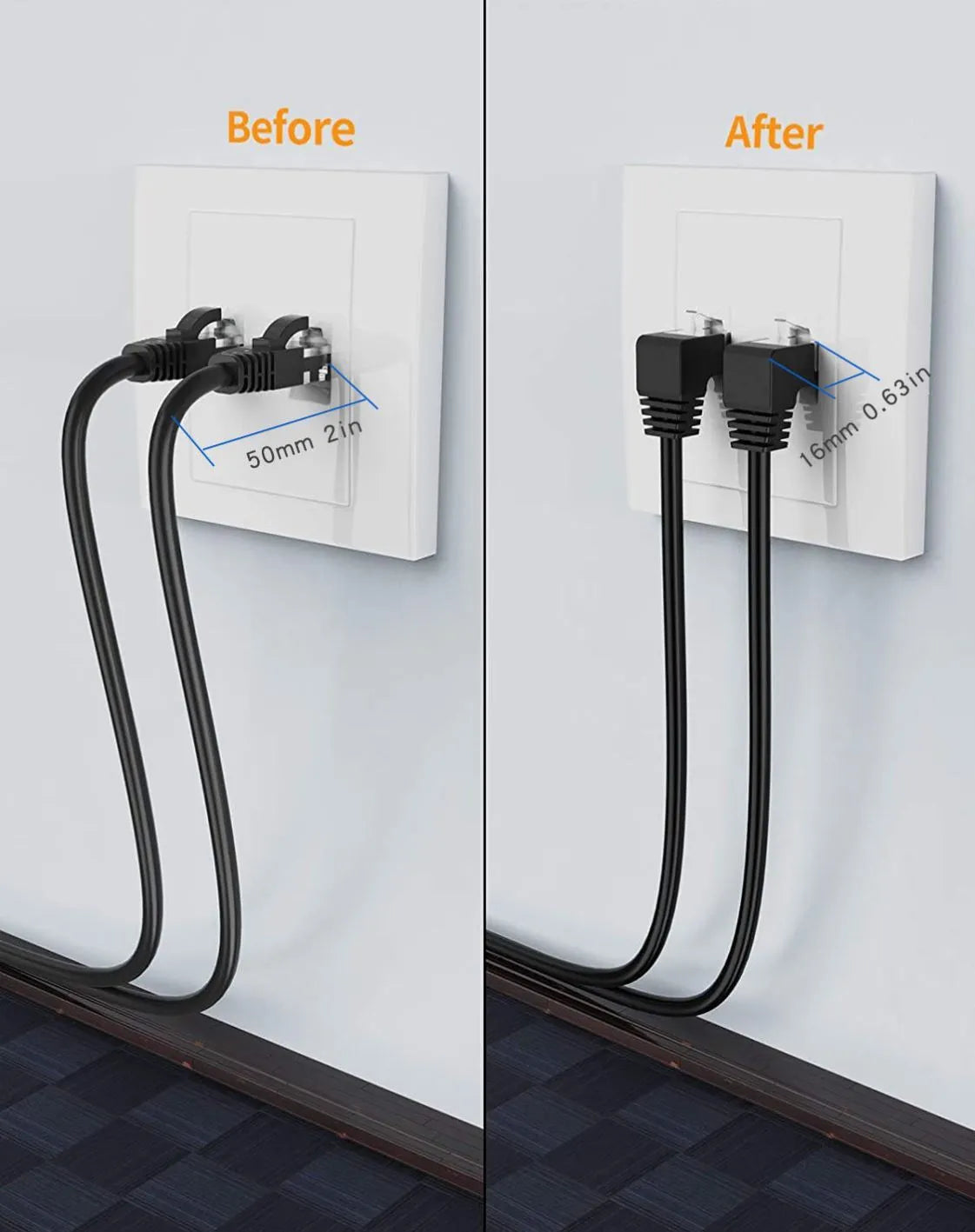 Right-angle Cat6 Ethernet cable with RJ45 connector in various colour options