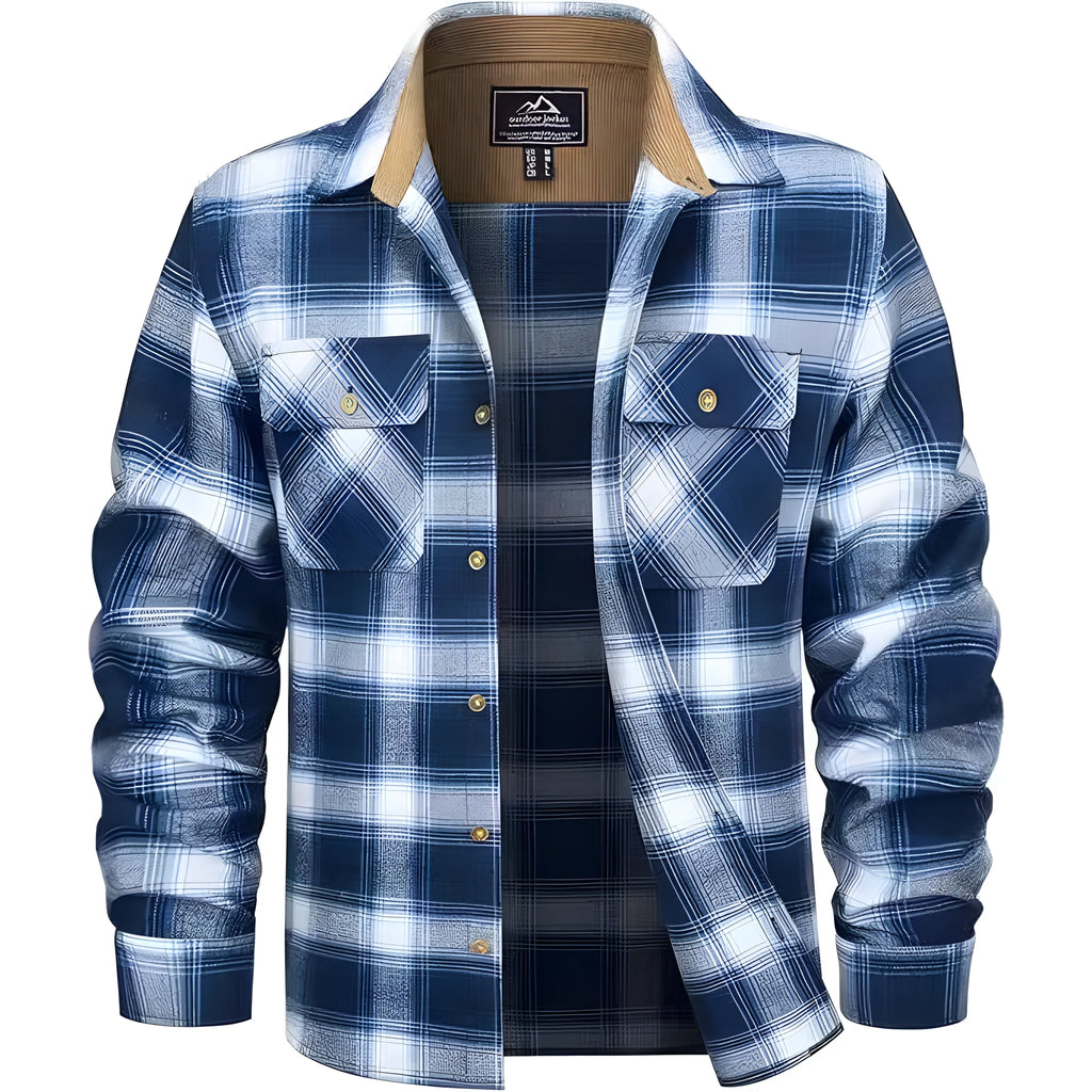 Man wearing a casual orange and black plaid flannel button-down shirt with long sleeves.