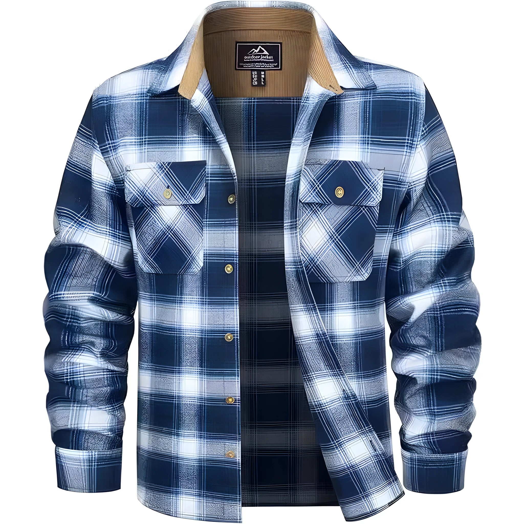Man wearing a casual orange and black plaid flannel button-down shirt with long sleeves.