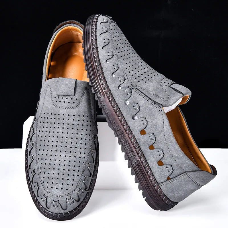 Men's brown slip-on leather casual shoes with round toe and flat PVC sole