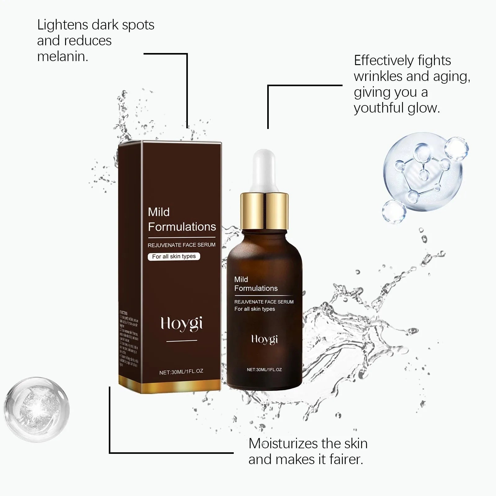 30ml bottle of facial skin care essence with hyaluronic acid and arbutin.
