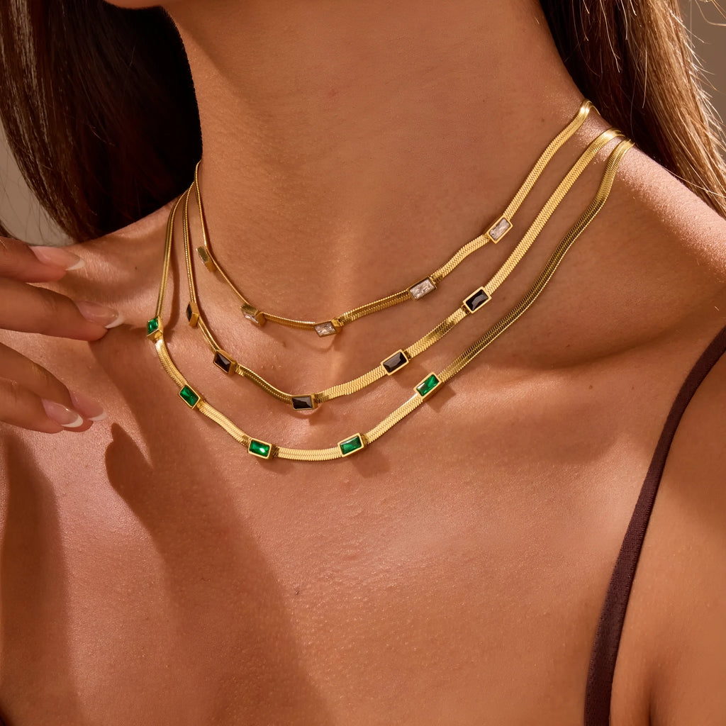 Geometric square zircon stainless steel necklace with flat snake chain and 18K electroplated finish