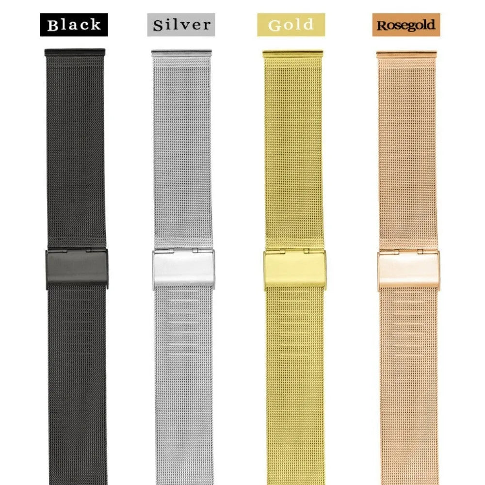 Milani silk woven stainless steel watch band showing natural texture and metallic finish