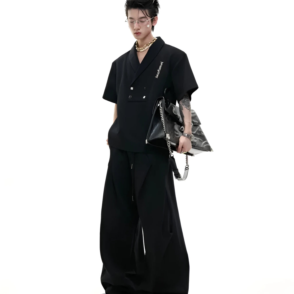 Men's dark grey metal embellished cotton sports suit with V-neck jacket and matching shorts
