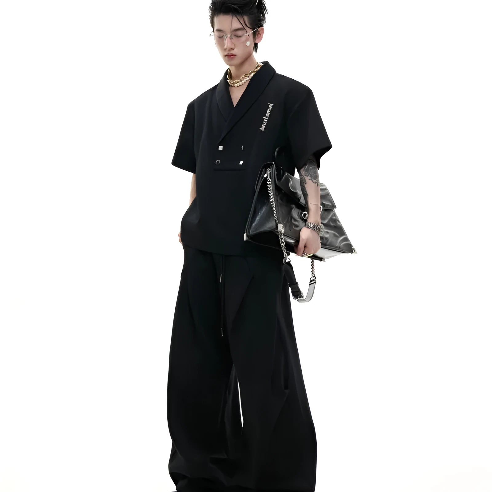 Men's dark grey metal embellished cotton sports suit with V-neck jacket and matching shorts