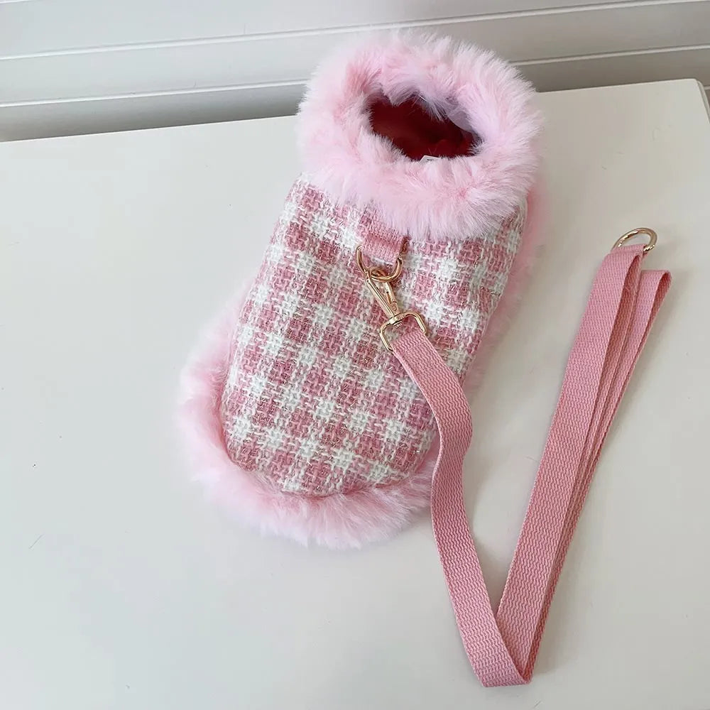 Pink cat cape and beret set with hand holding rope for chest and back coverage