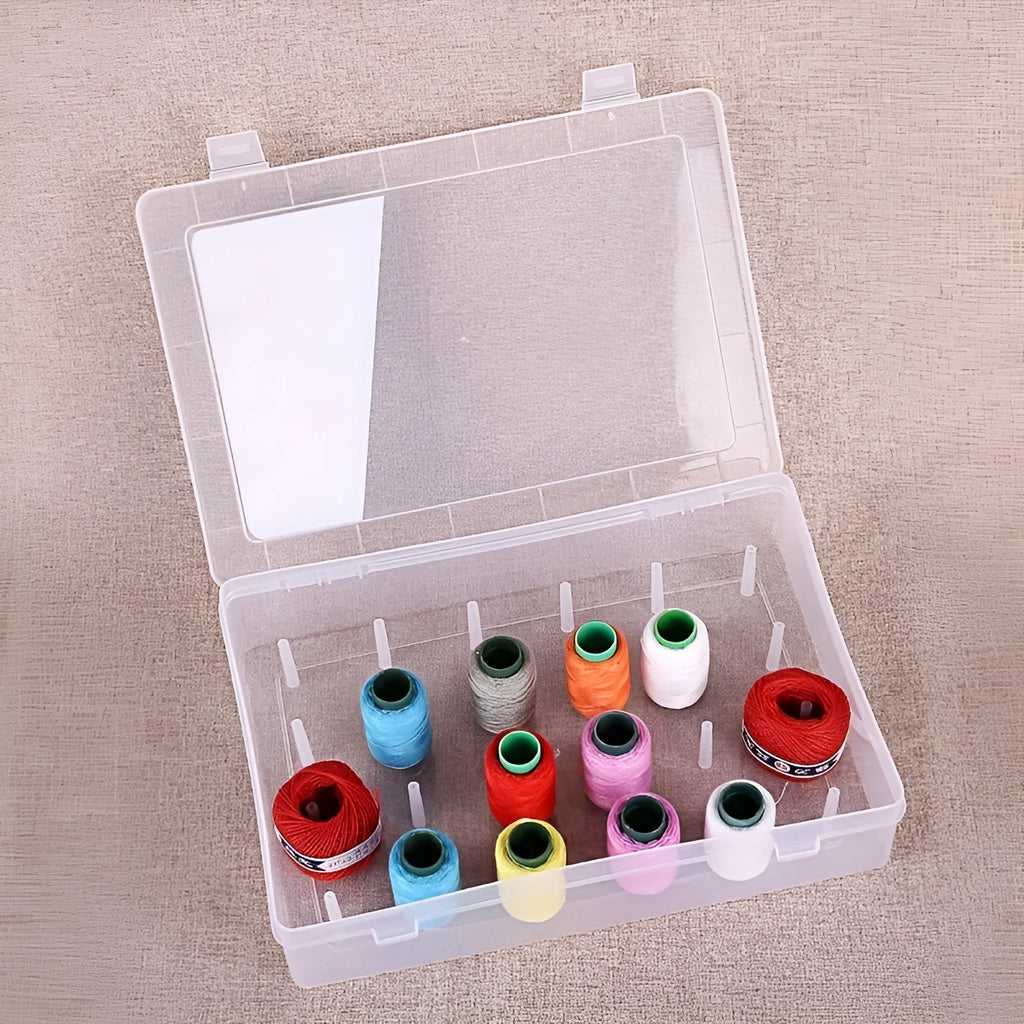42-compartment plastic embroidery storage box in transparent, pink, or blue colour showing organised thread compartments