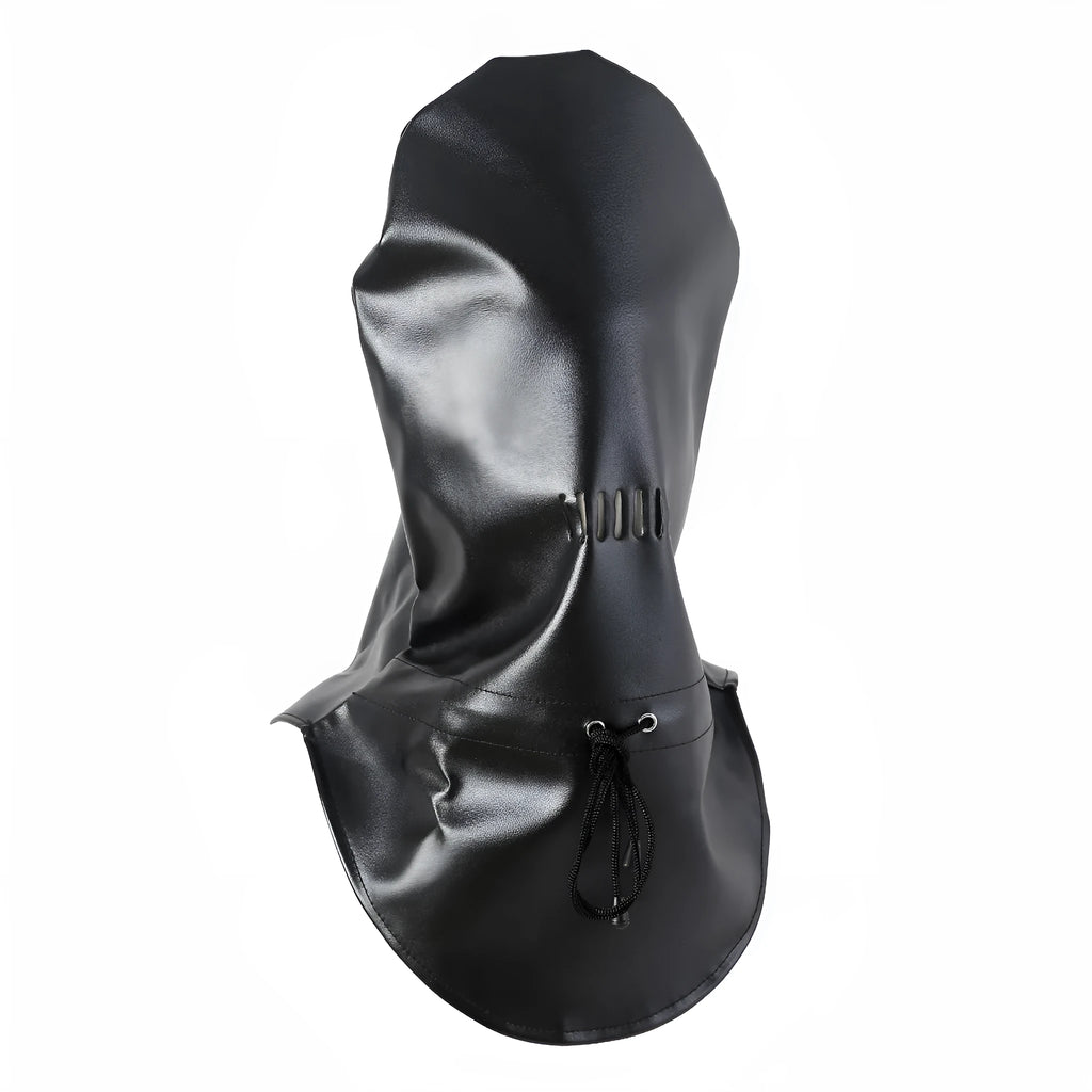 Black leather bondage mask covering eyes and nose area with adjustable strap