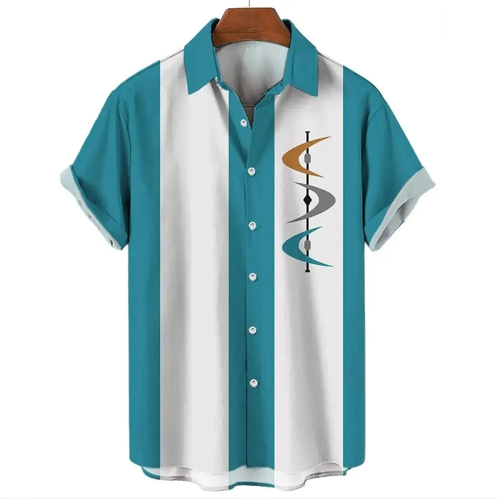 Man wearing a striped short sleeve Hawaiian-style button-up shirt in a casual setting.