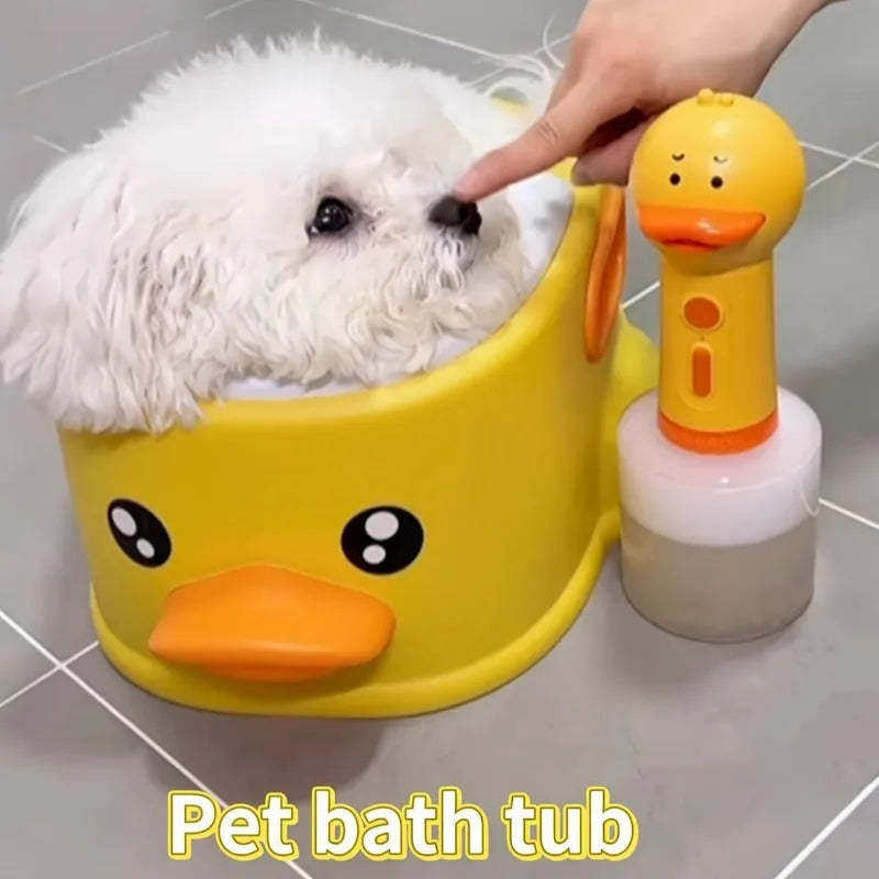 Blue PVC duck-shaped pet bathtub for dogs and cats on a white background.