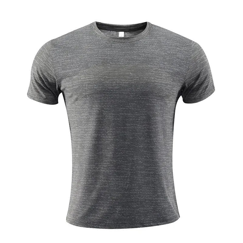 Men's short sleeve running t-shirt in polyester spandex fabric on a hanger
