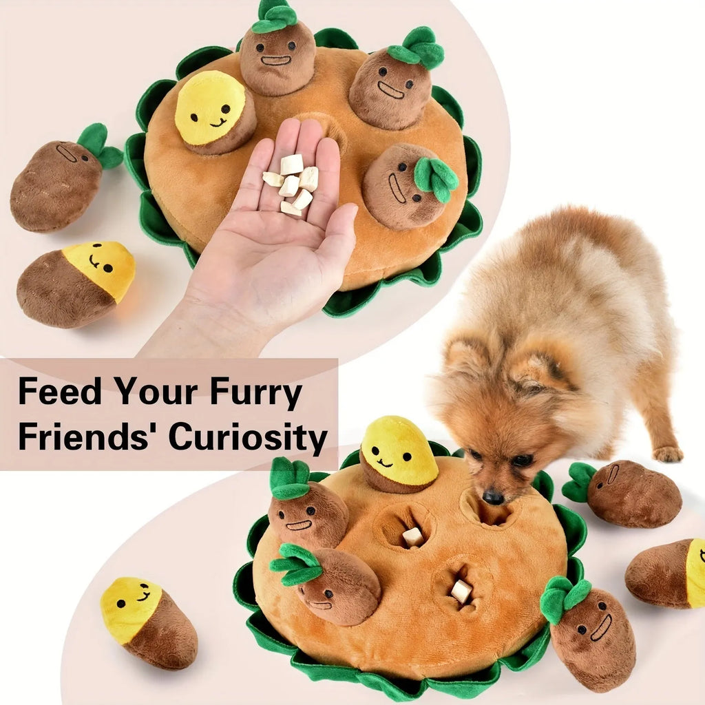 Yellow interactive dog puzzle toy with removable squeaky plush toys and foraging compartments