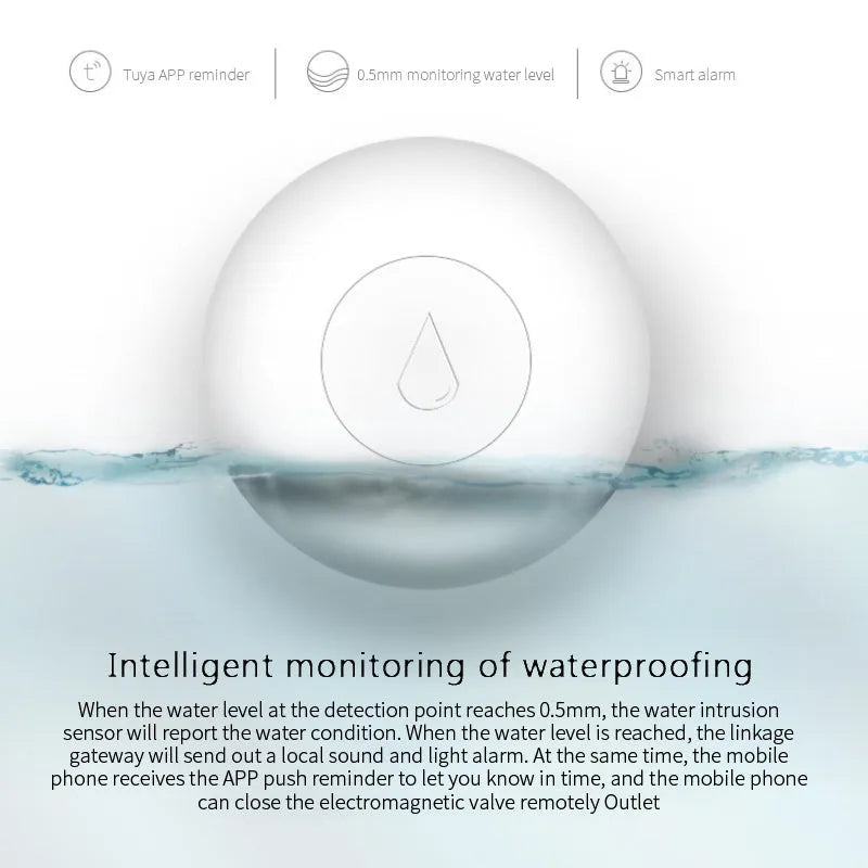 Wireless Zigbee water leak sensor with FCCID and CE markings, CR2032 battery compartment visible