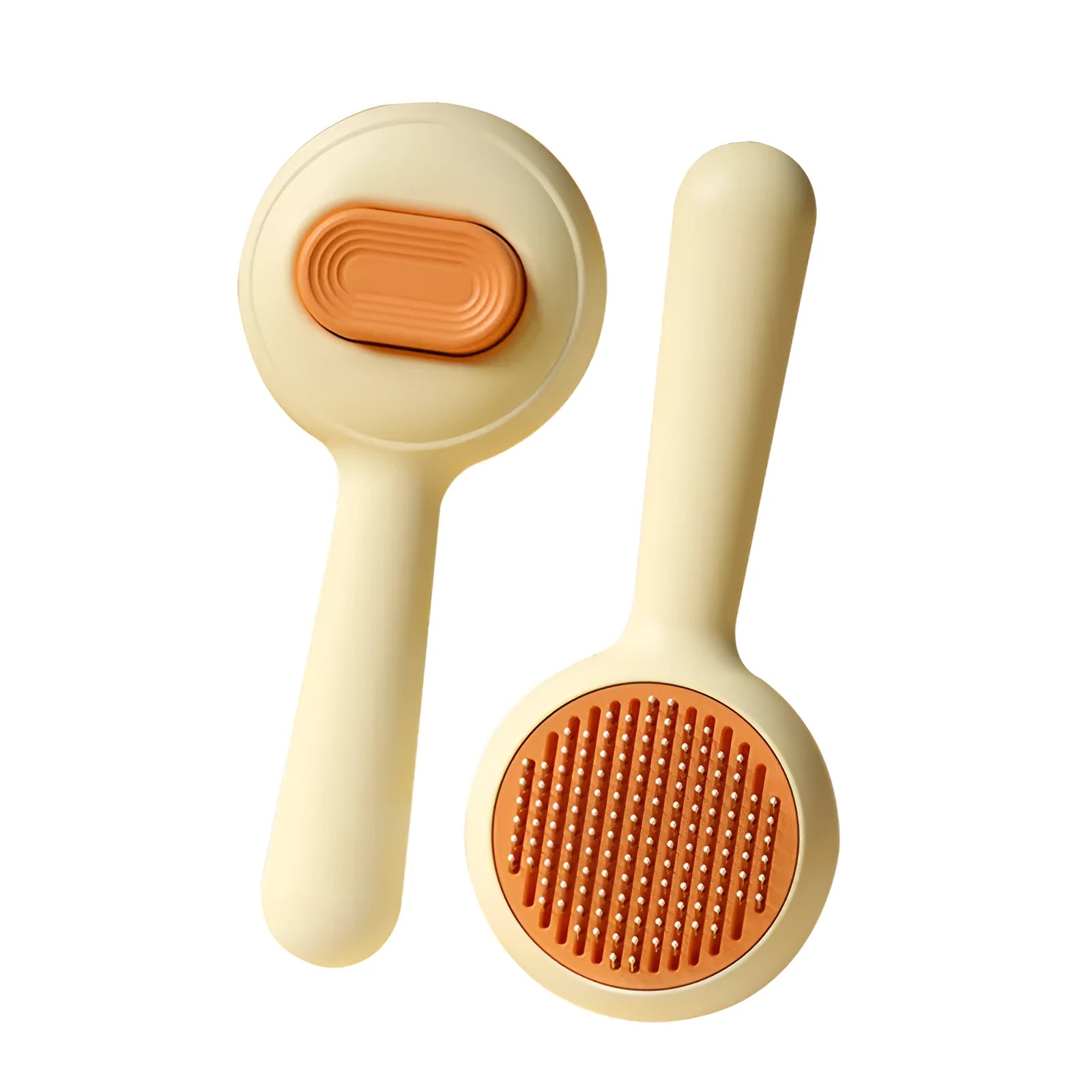 Stainless steel pet grooming brush with a coloured non-slip plastic handle for cats and dogs.