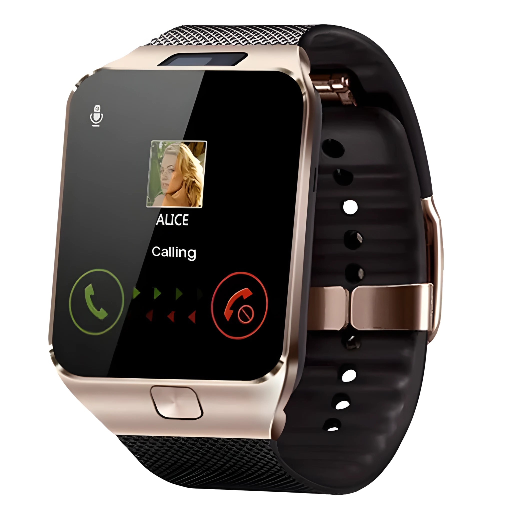 Black Bluetooth smart watch with 1.44-inch touch screen on a wrist, showing time display.