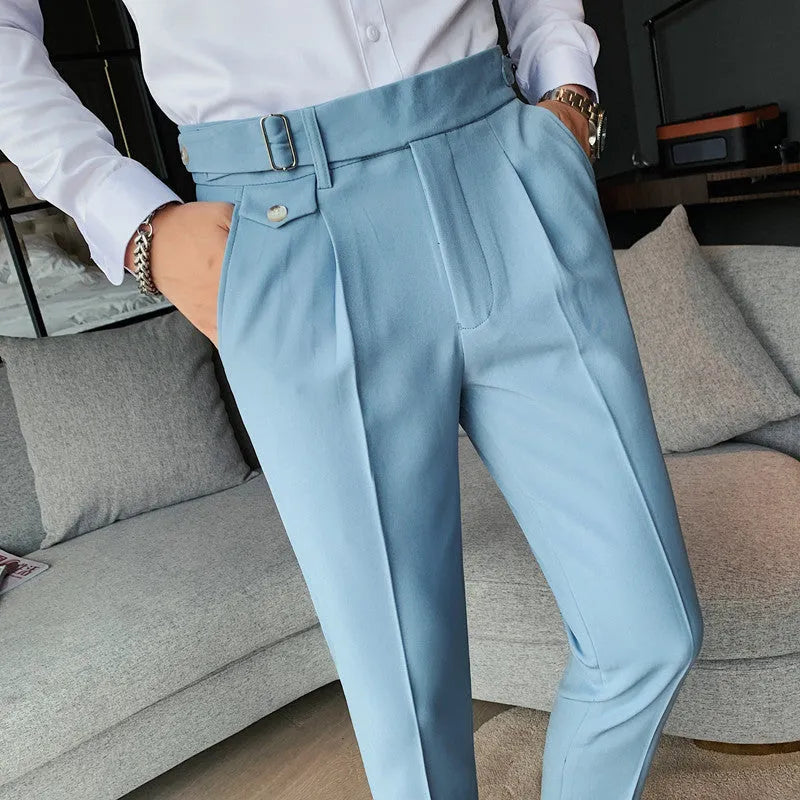Men's solid colour straight-leg casual trousers in polyester fabric on a hanger.