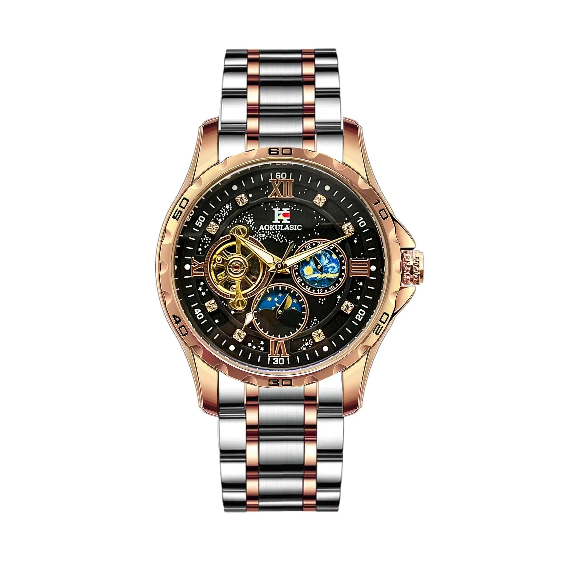 Men's automatic mechanical watch with rose gold shell case and large black dial, 12mm thickness