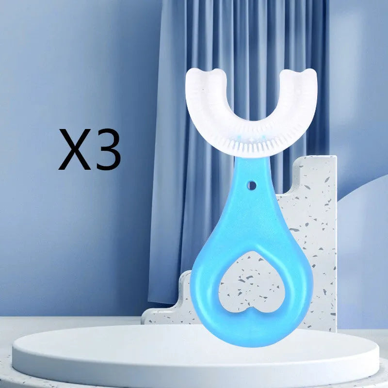 Children's U-shaped soft rubber toothbrush in pink and blue colours for milk teeth cleaning