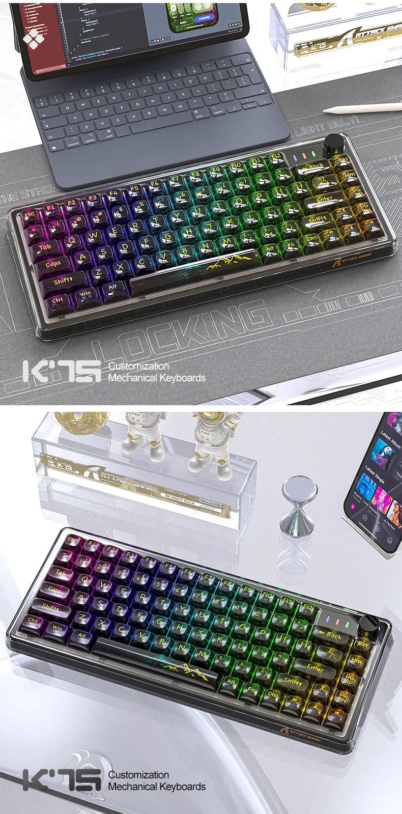 Attack Shark K75 wireless mechanical keyboard with transparent PC case and RGB backlighting.