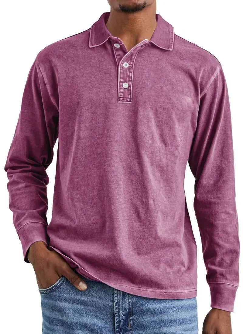 Retro washed pure cotton polo shirt with a distressed lapel and long sleeves on a hanger.