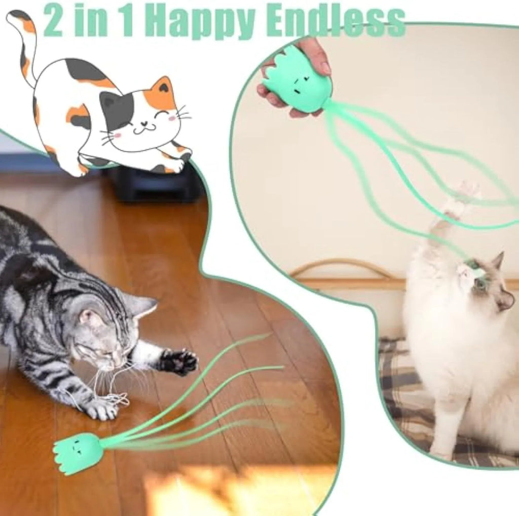 Green electronic cat toy with swinging silicone tail on floor for indoor cat play