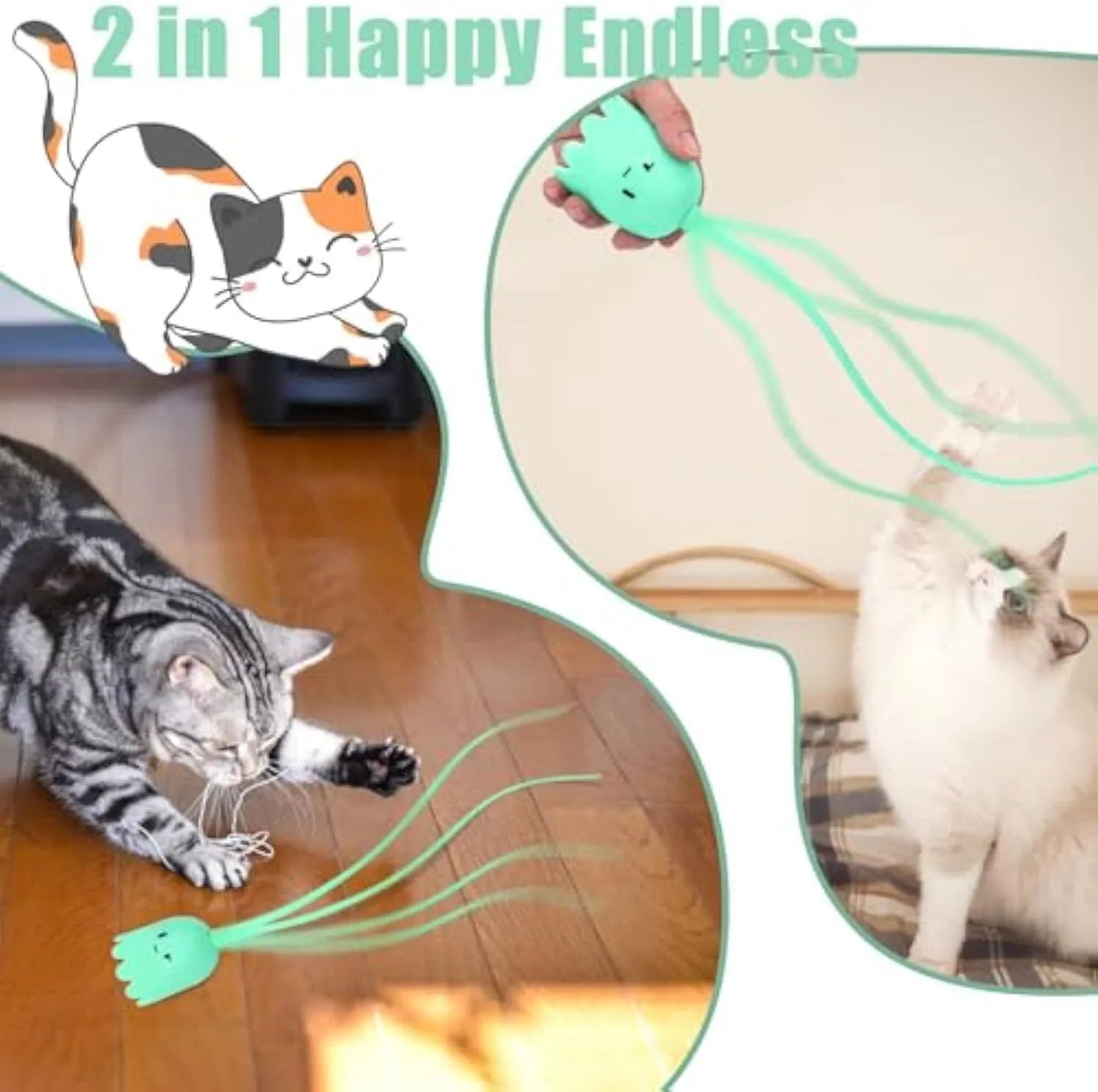 Green electronic cat toy with swinging silicone tail on floor for indoor cat play