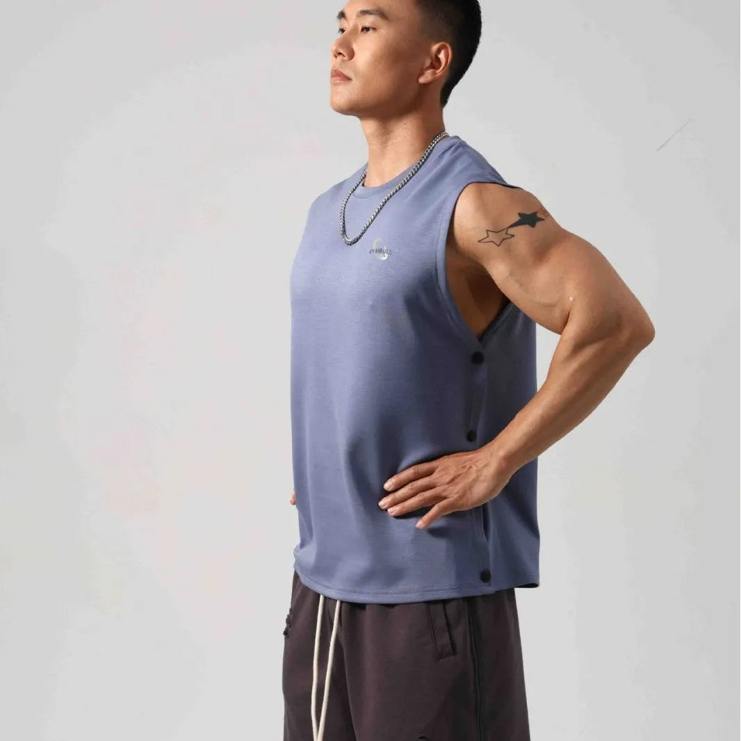 Korean style men's loose cotton fitness vest with hidden hook side openings for adjustable fit during workouts