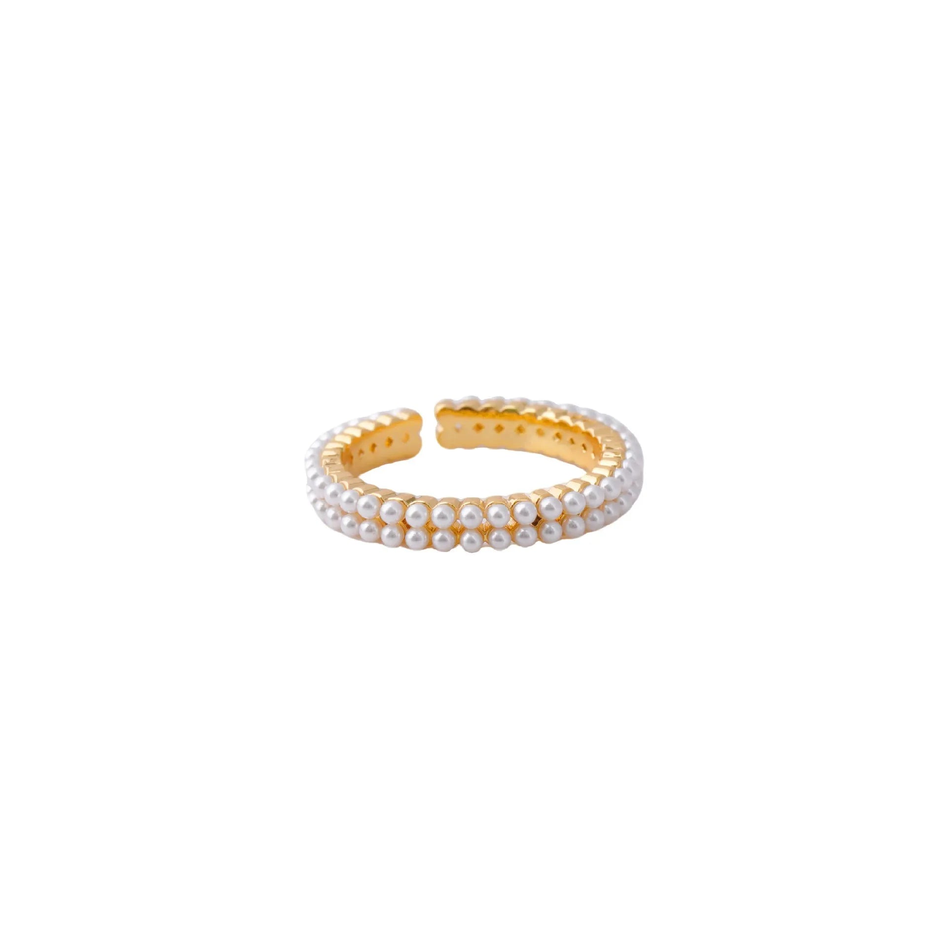 Geometric open-mouth women's ring with round pearl accent and gold electroplated finish