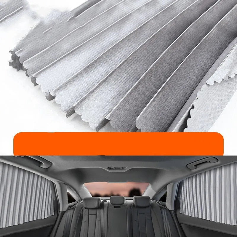 Retractable car sunshade curtain in black colour showing roller shutter mechanism