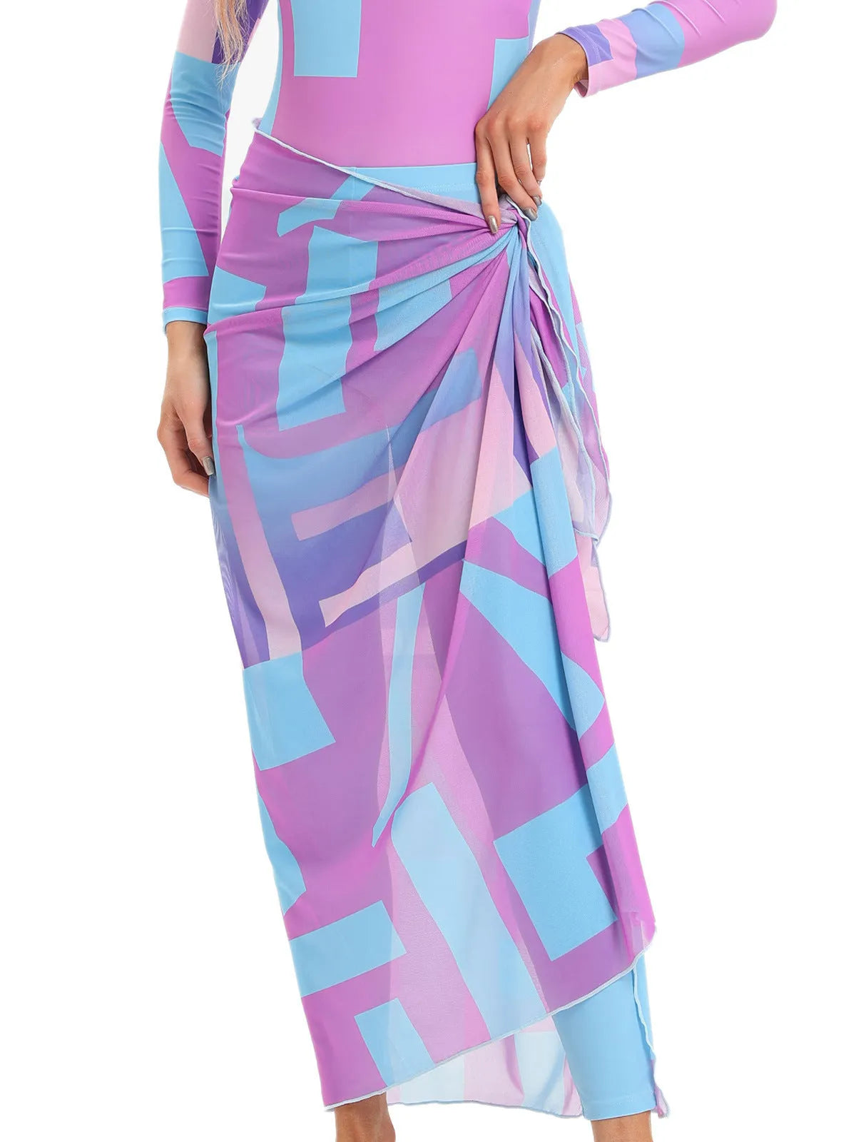 Conservative swimsuit three-piece set with apron in fresh pattern design