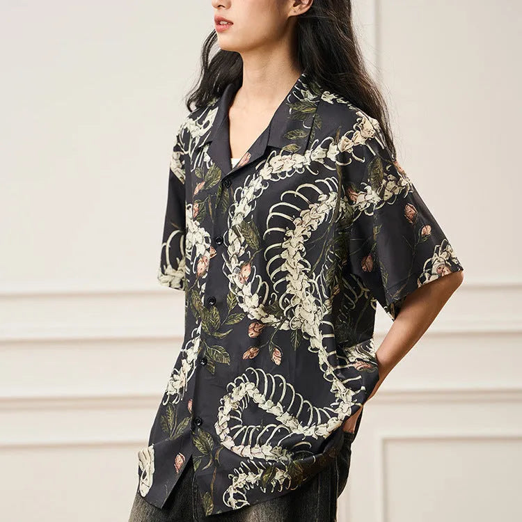 Men's snake bone pattern printed short sleeve Cuban collar shirt in loose cardigan style
