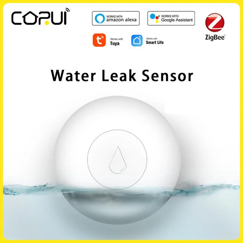 Wireless Zigbee water leak sensor with FCCID and CE markings, CR2032 battery compartment visible