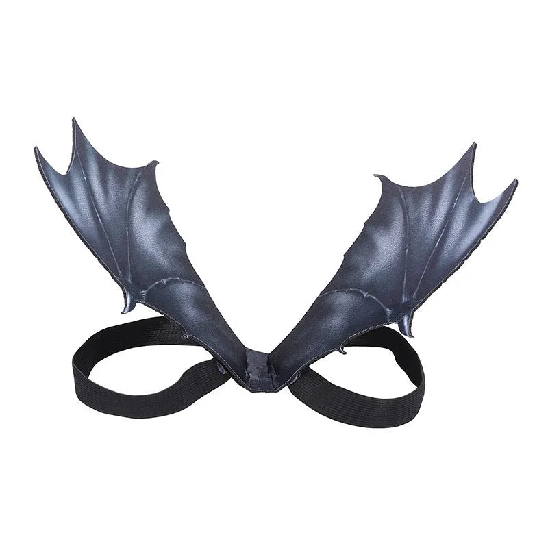 Black cloth bat wings Halloween costume accessory for pets in three sizes: 40cm, 55cm, and 64cm wing spans