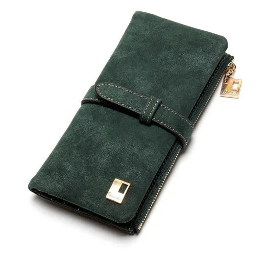 Korean-style retro matte Pu leather long wallet with two-fold draw design and zip closure