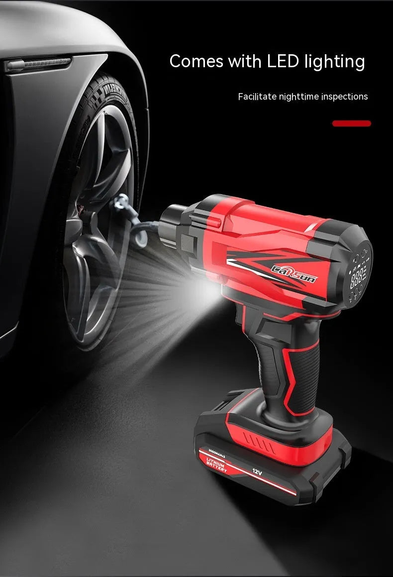 Red and black portable car tyre inflator unit with power cable and nozzles for tyres, balls and swimming rings