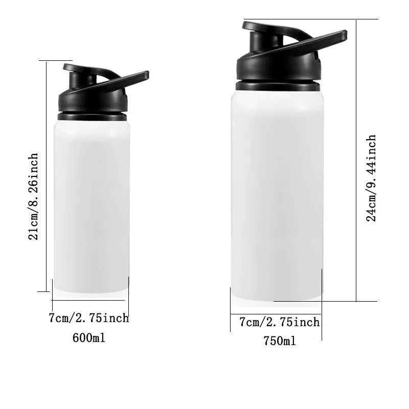White aluminium sports water bottle for cycling and outdoor activities in 600ml and 750ml sizes