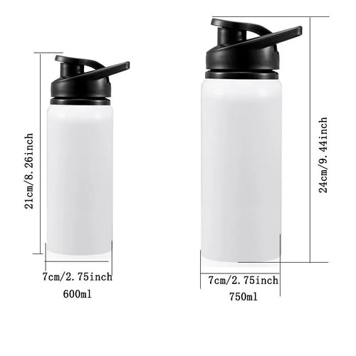 White aluminium sports water bottle for cycling and outdoor activities in 600ml and 750ml sizes