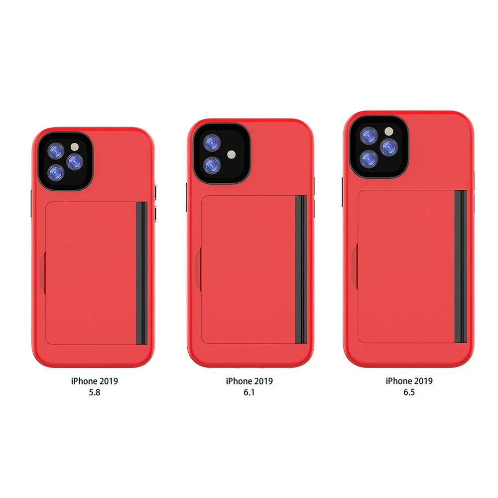 Slim black protective phone case for Apple iPhone 11, shown alongside red and blue colour options.