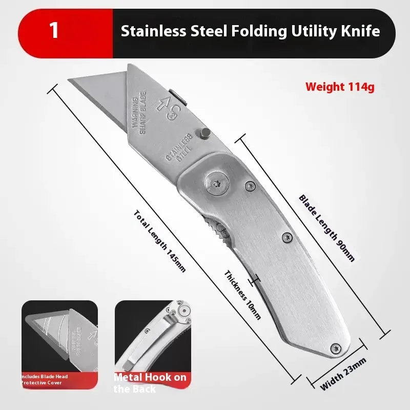 Stainless steel folding art knife with black blade and multiple replacement blades for craft cutting
