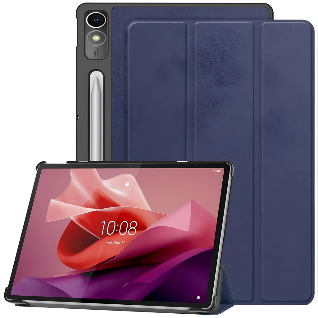 LenovoTab P12 plastic protective case in a decorative pattern, folded to show the integrated magnetic stand.